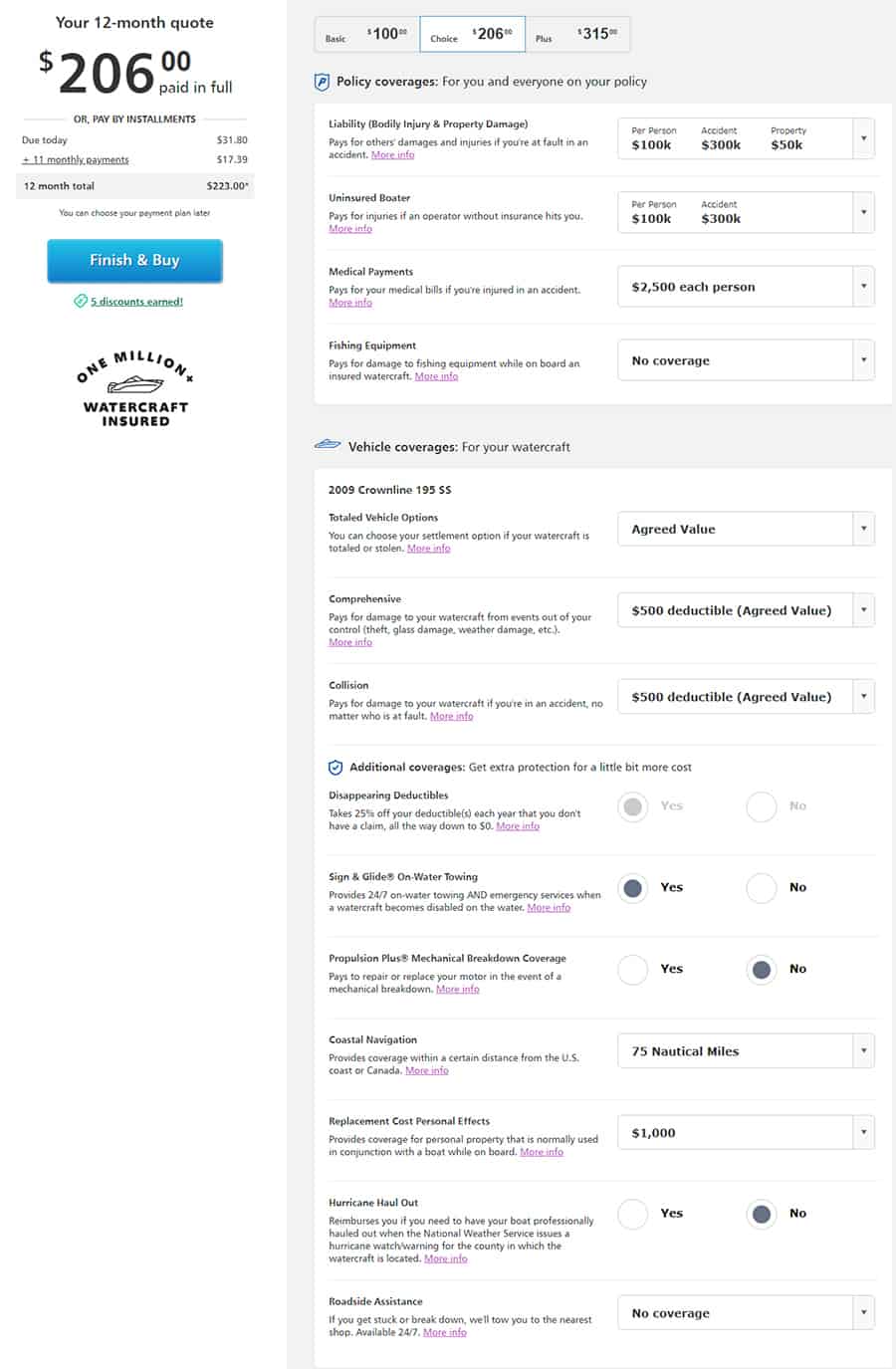 An insurance quote for a 2009 Crownline 195ss with a $10,000 Value In Illinois of $206.