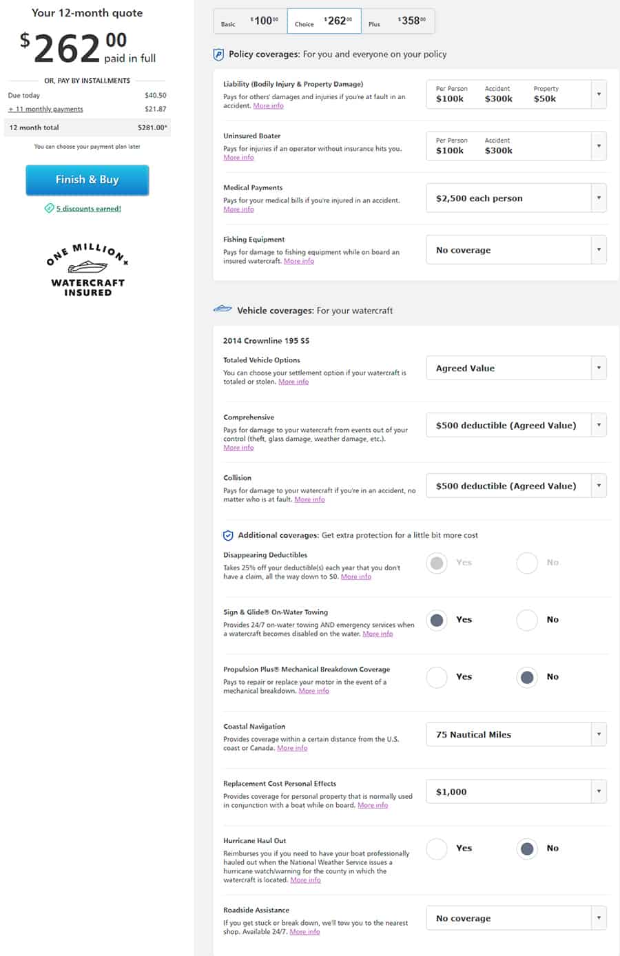 An insurance quote for a 2014 Crownline 195ss valued at $25,000 Value In Illinois for$262.