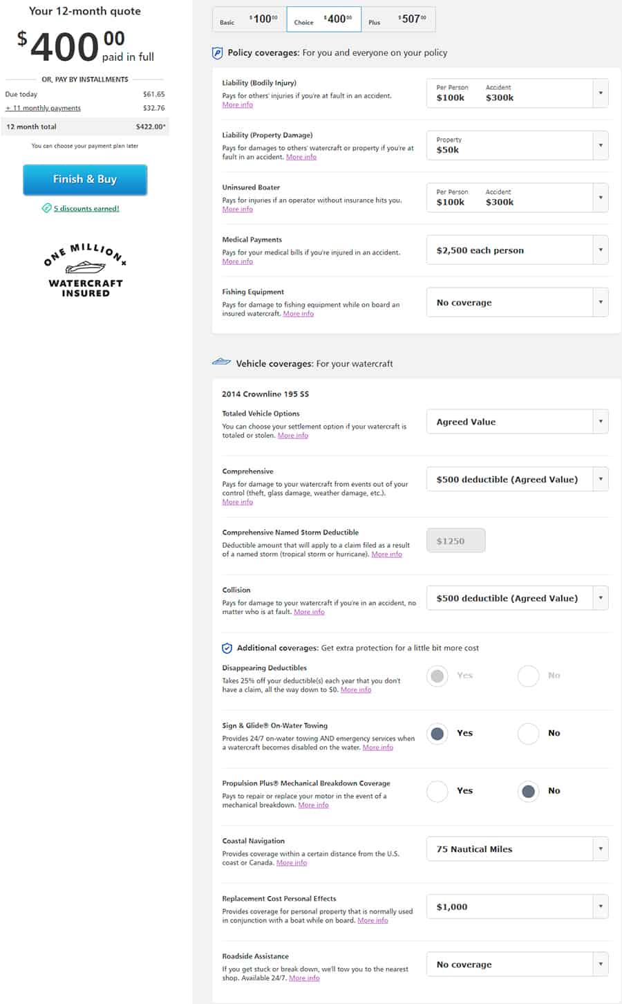 An insurance quote on a 2014 Crownline 195ss with a $25,000 Value In Florida for $400.