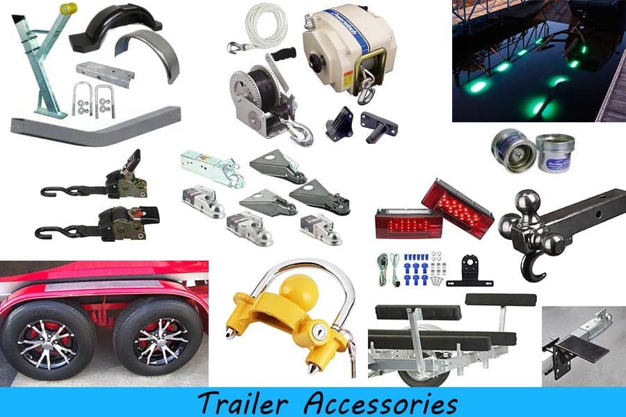 An image showing many individual products that are used on boat trailers all on display with a white background.