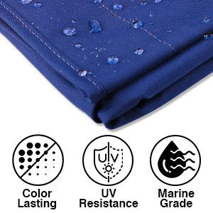 Bimini top material showing Color Lasting, UV Resistance, and Marine Grade on a white background.