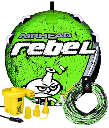 Airhead Rebel Kit on display with the included tow rope and electric air pump, with a white background.
