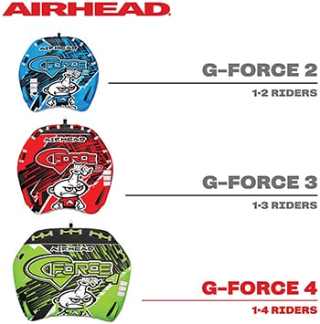 Airhead G-Force 2, Airhead G-Force 3, and Airhead G-Force 4 towable tubes on display with a white background.