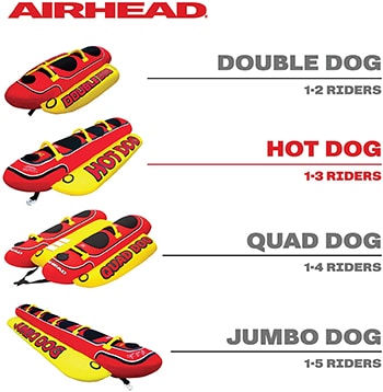 Airhead Towable Hot Dog in four different versions. A two person, a three person, a four person, and a five person.