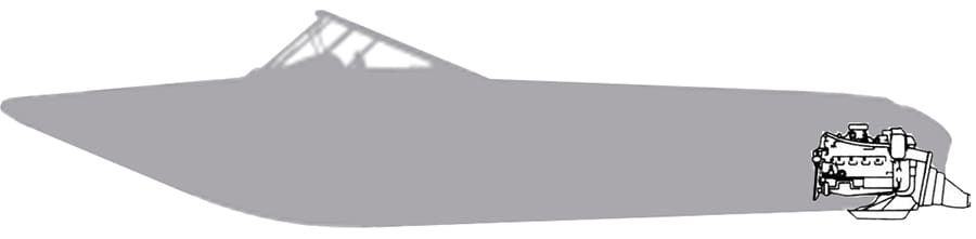 A grayed out boat graphic with a black and white drawing of a inboard's jetdrive drive system.