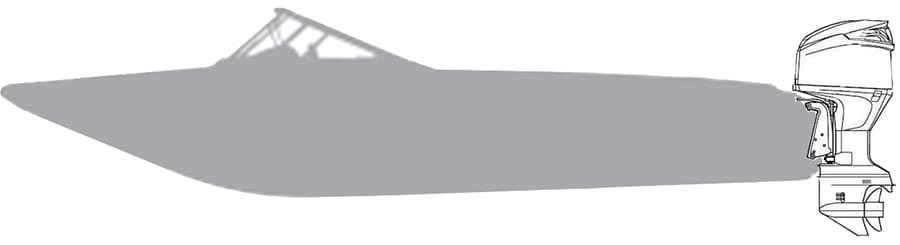 A grayed out boat graphic with a black and white drawing of an outbord drive system.