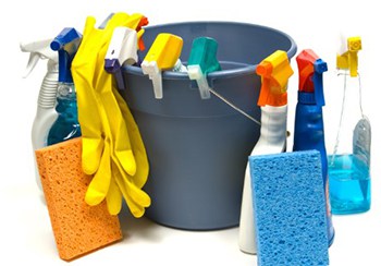 Cleaning supplies on display with a white background.