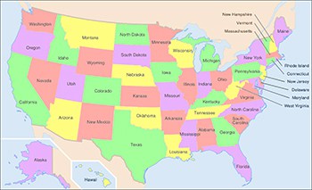 A map of the United States with each state as a different color.