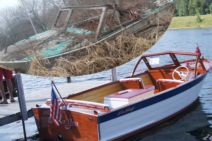 A before and after picture of a beautiful wood boat and what it looked like before the restoration .