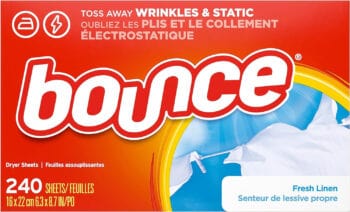 A box of Bounce dryer sheets on display.
