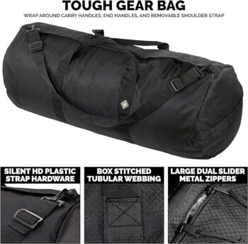 The North Star Sports Diamond Ripstop Tough Duffle on display with a white background and three features being discribed.