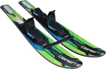 O'Brien Jr Vortex Widebody 54" Combo Water Skis with a training support that attaches the tips together on display with a white background.