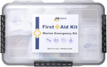 A first aid kit on display with a white background.