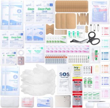 The contents of a first aid kit laid out individually.