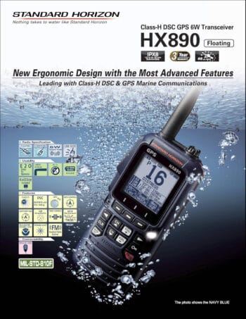 A marine two way radio on display with descriptions and features listed.