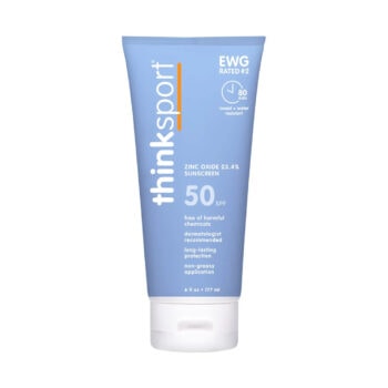 Thinksport SPF50 sunscreen on display with a white background.