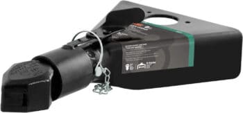 A CURT 25217 Black A-Frame Trailer Coupler on display with a white background.