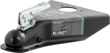 A CURT Black A-Frame Trailer Coupler on display with a white background.