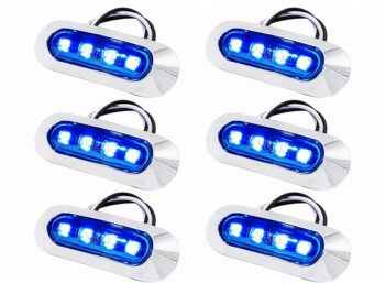 A set of 6 IP68 LED pods with chrome trim and blue lights on display with a white background.