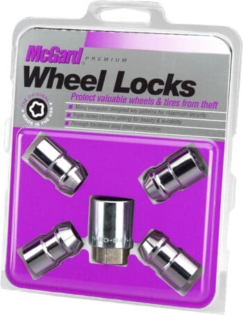 A set of McGard wheel locks on display with a white background.