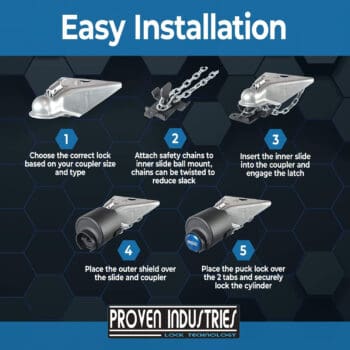 AProven Industries Model 2516 Trailer Lock that is black and blue on display with a white background.