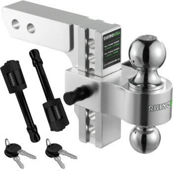 A Rhino USA Adjustable Trailer Hitch and lockable pin set on display with a white background.