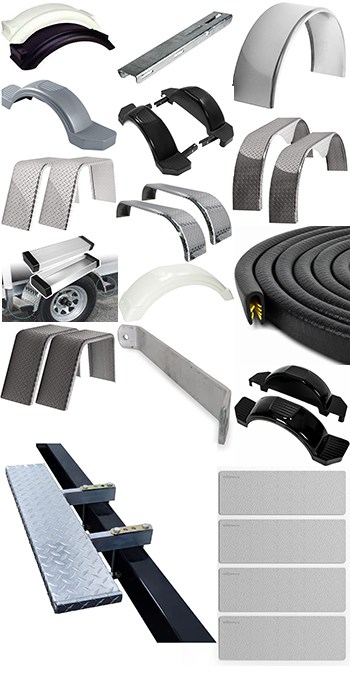 Showingboat trailer fender stuff including replacement fenders, mounts, and accessories on display on a white background.