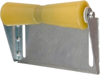 An adjustable boat trailer keel roller and mounting bracket on display with a white background.