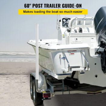 A set of boat trailer post guides on a boat trailer with a boat.