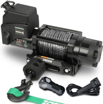 An electric winch that is black on a white background.