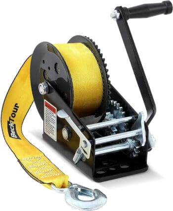 A black and yellow manual boat trailer winch on display with a white background.