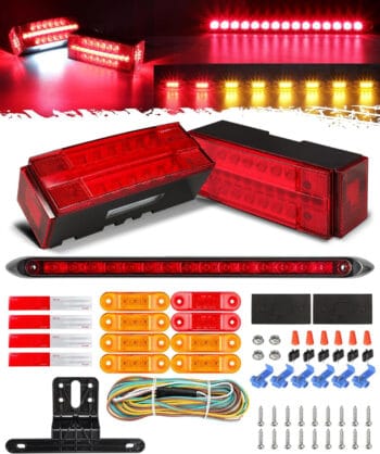 A complete boat trailer lighting kit with LED lights and on display with a white background.